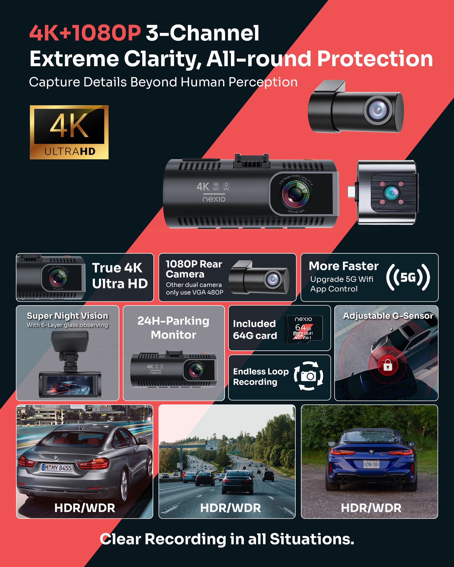 NEXIO M550MAX 4K Triple Channel Dash Cam | Front 4K + Interior 1080P + Rear 1080P | Wi-Fi 6 | GPS | IR Night Vision | 64GB Included
