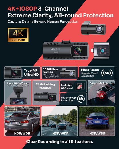 NEXIO M550MAX 4K Triple Channel Dash Cam | Front 4K + Interior 1080P + Rear 1080P | Wi-Fi 6 | GPS | IR Night Vision | 64GB Included