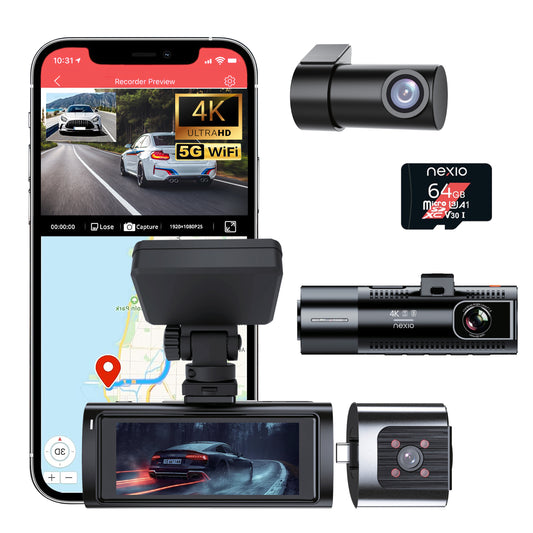 NEXIO M550MAX 4K Triple Channel Dash Cam | Front 4K + Interior 1080P + Rear 1080P | Wi-Fi 6 | GPS | IR Night Vision | 64GB Included