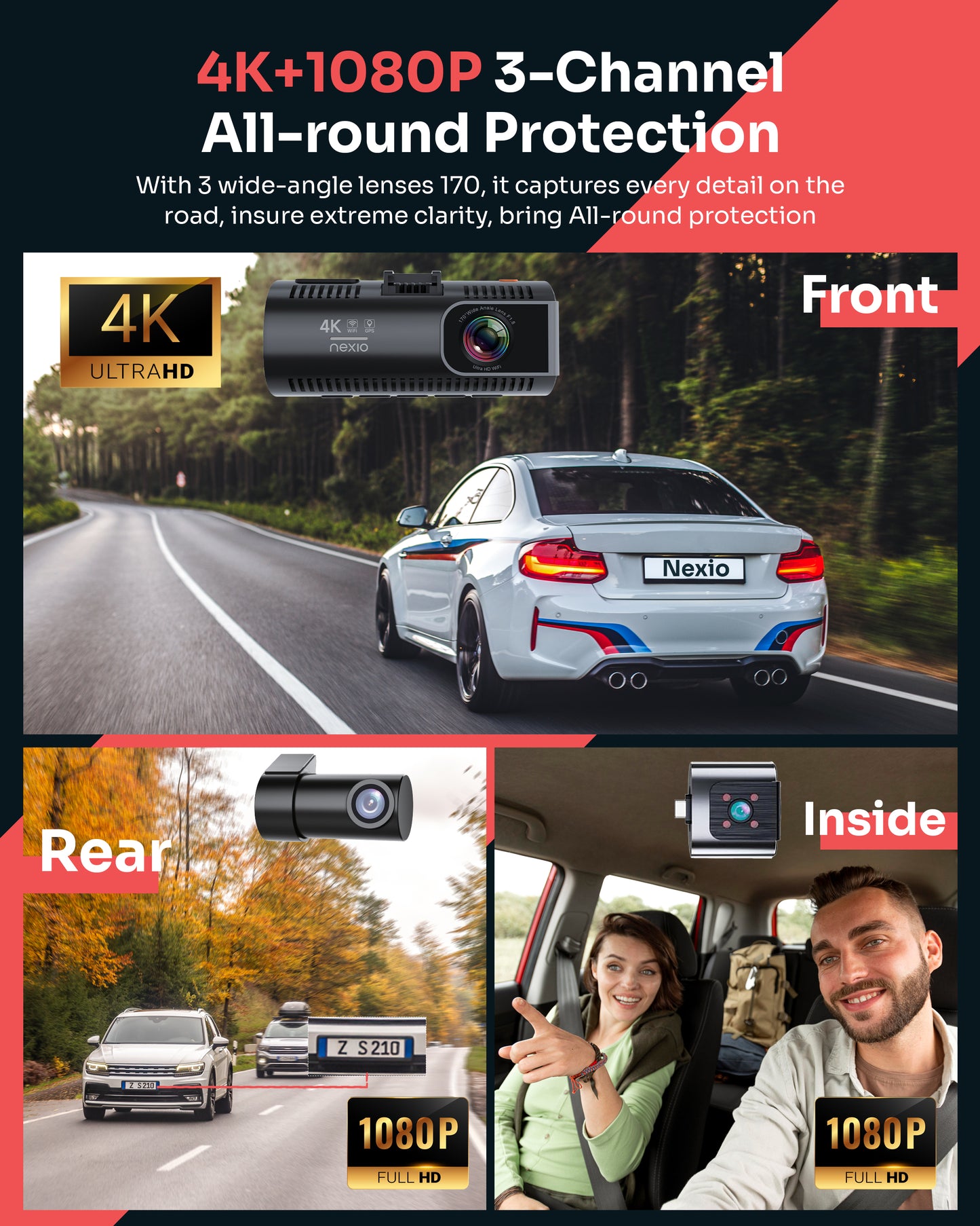 NEXIO M550MAX 4K Triple Channel Dash Cam | Front 4K + Interior 1080P + Rear 1080P | Wi-Fi 6 | GPS | IR Night Vision | 64GB Included