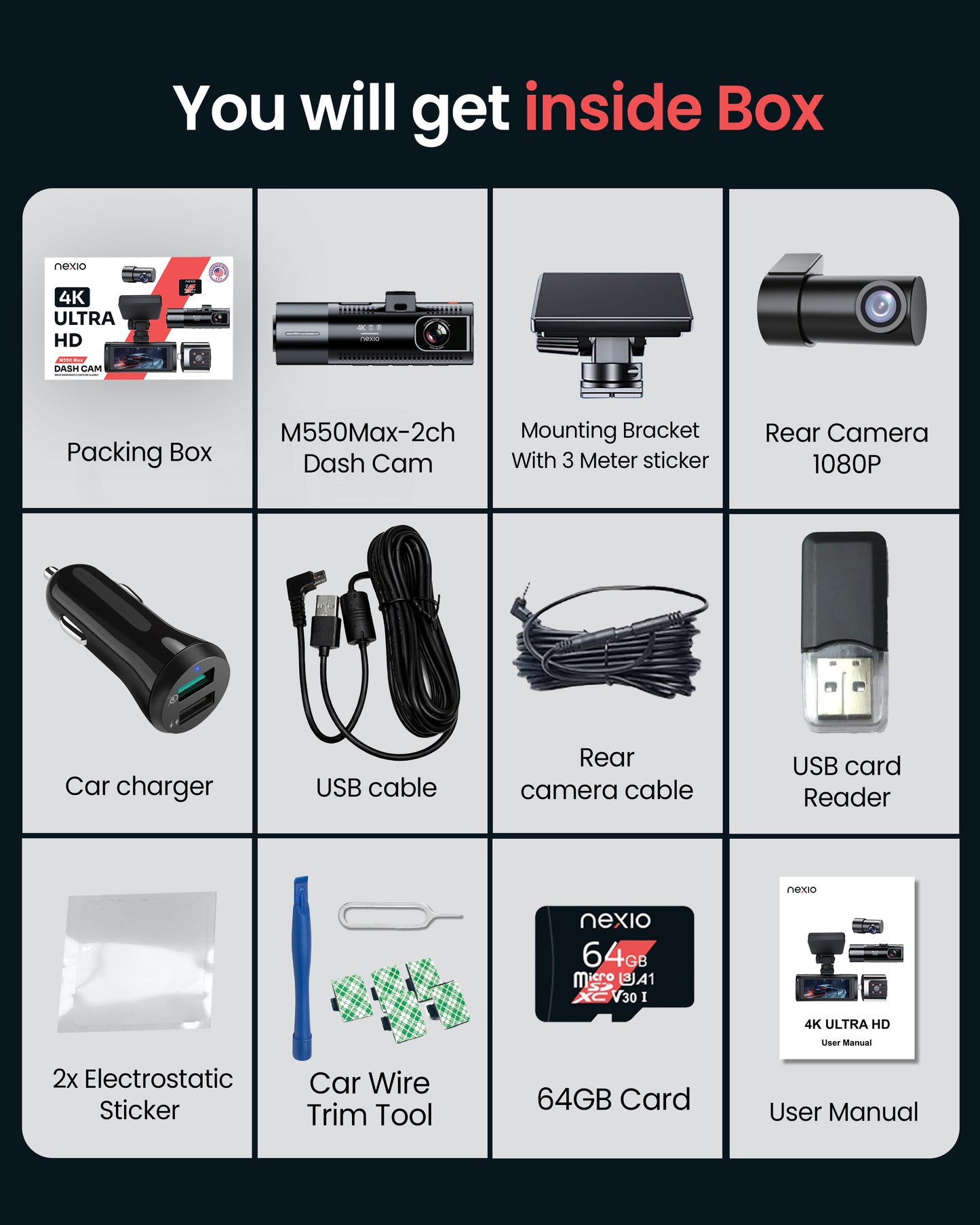 NEXIO M550MAX 4K Triple Channel Dash Cam | Front 4K + Interior 1080P + Rear 1080P | Wi-Fi 6 | GPS | IR Night Vision | 64GB Included