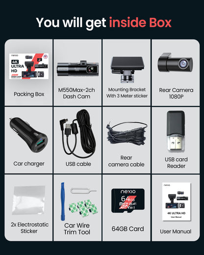 NEXIO M550MAX 4K Triple Channel Dash Cam | Front 4K + Interior 1080P + Rear 1080P | Wi-Fi 6 | GPS | IR Night Vision | 64GB Included