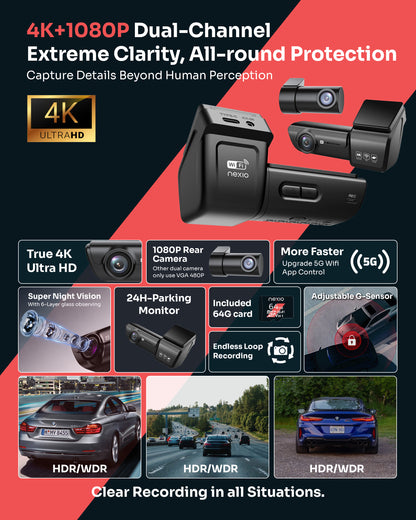 Capture every drive with the NEXIO N8 4K Dual Dash Cam featuring 4K front, 1080P rear, GPS, Wi-Fi, parking monitor, and a 64GB memory card included.