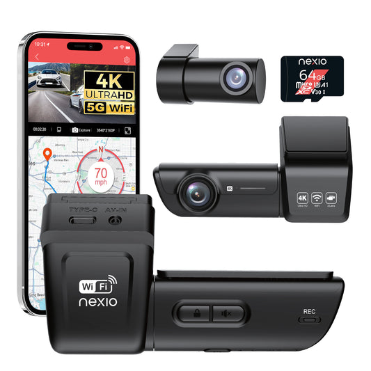 Capture every drive with the NEXIO N8 4K Dual Dash Cam featuring 4K front, 1080P rear, GPS, Wi-Fi, parking monitor, and a 64GB memory card included.