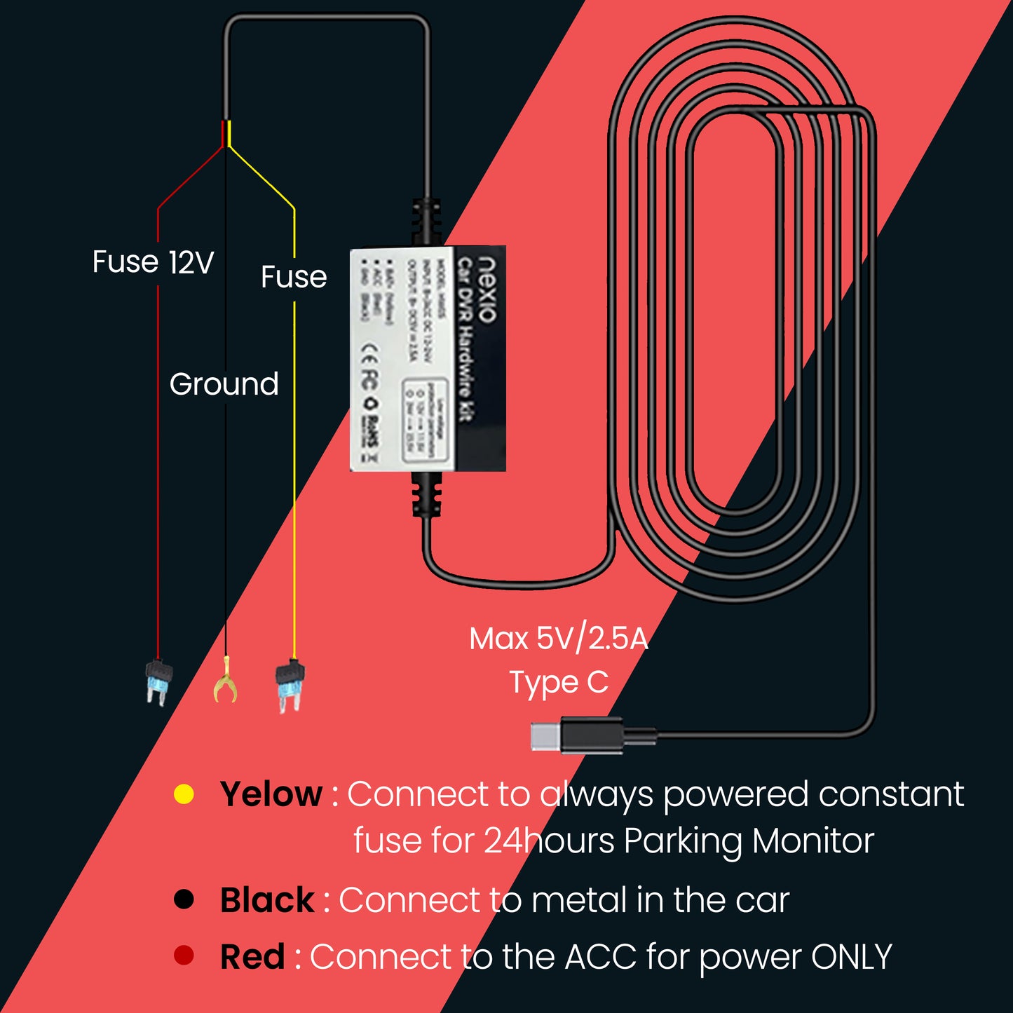 Multi fuse 3-Lead ACC Hardwire Kit Mini-USB Port for N5Pro Dash Cam