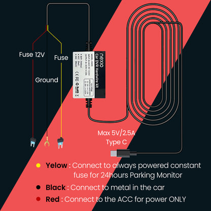 Multi fuse 3-Lead ACC Hardwire Kit Mini-USB Port for N5Pro Dash Cam