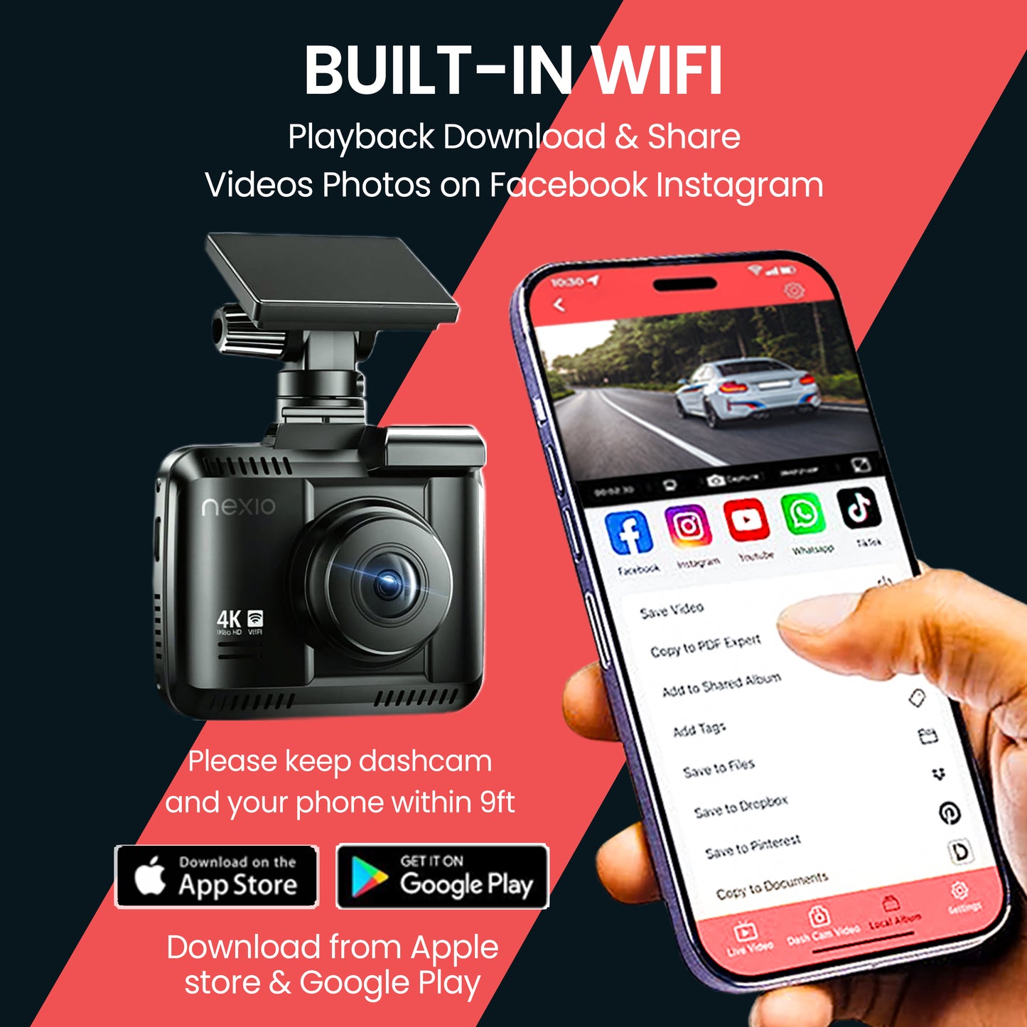 NEXIO N5Pro 2CH Dash Cam 4K with Super Night Vision 24H Parking Mode, Loop Recording Easy to Install, Black