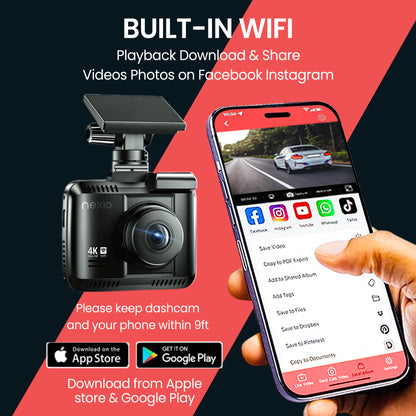 NEXIO N5Pro 2CH Dash Cam 4K with Super Night Vision 24H Parking Mode, Loop Recording Easy to Install, Black