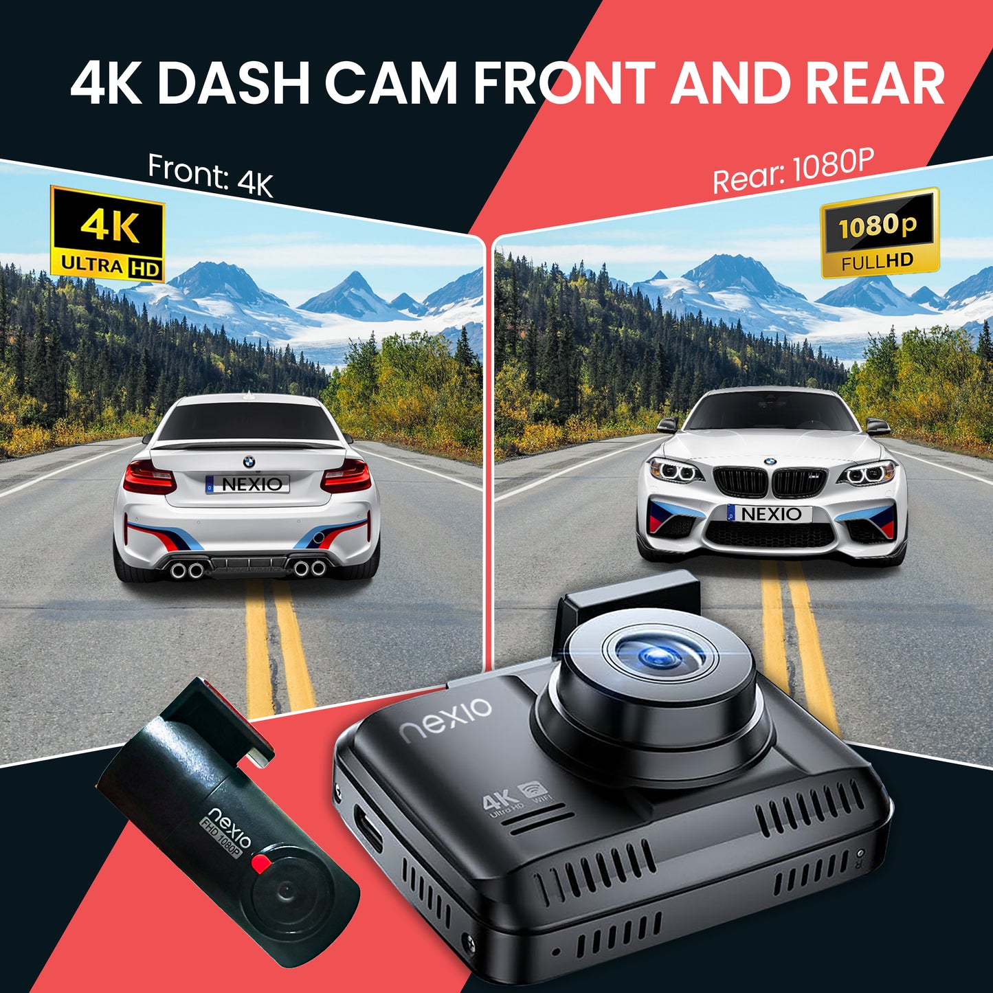NEXIO N5Pro 2CH Dash Cam 4K with Super Night Vision 24H Parking Mode, Loop Recording Easy to Install, Black