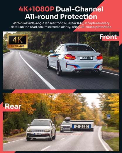 Capture every drive with the NEXIO N8 4K Dual Dash Cam featuring 4K front, 1080P rear, GPS, Wi-Fi, parking monitor, and a 64GB memory card included.