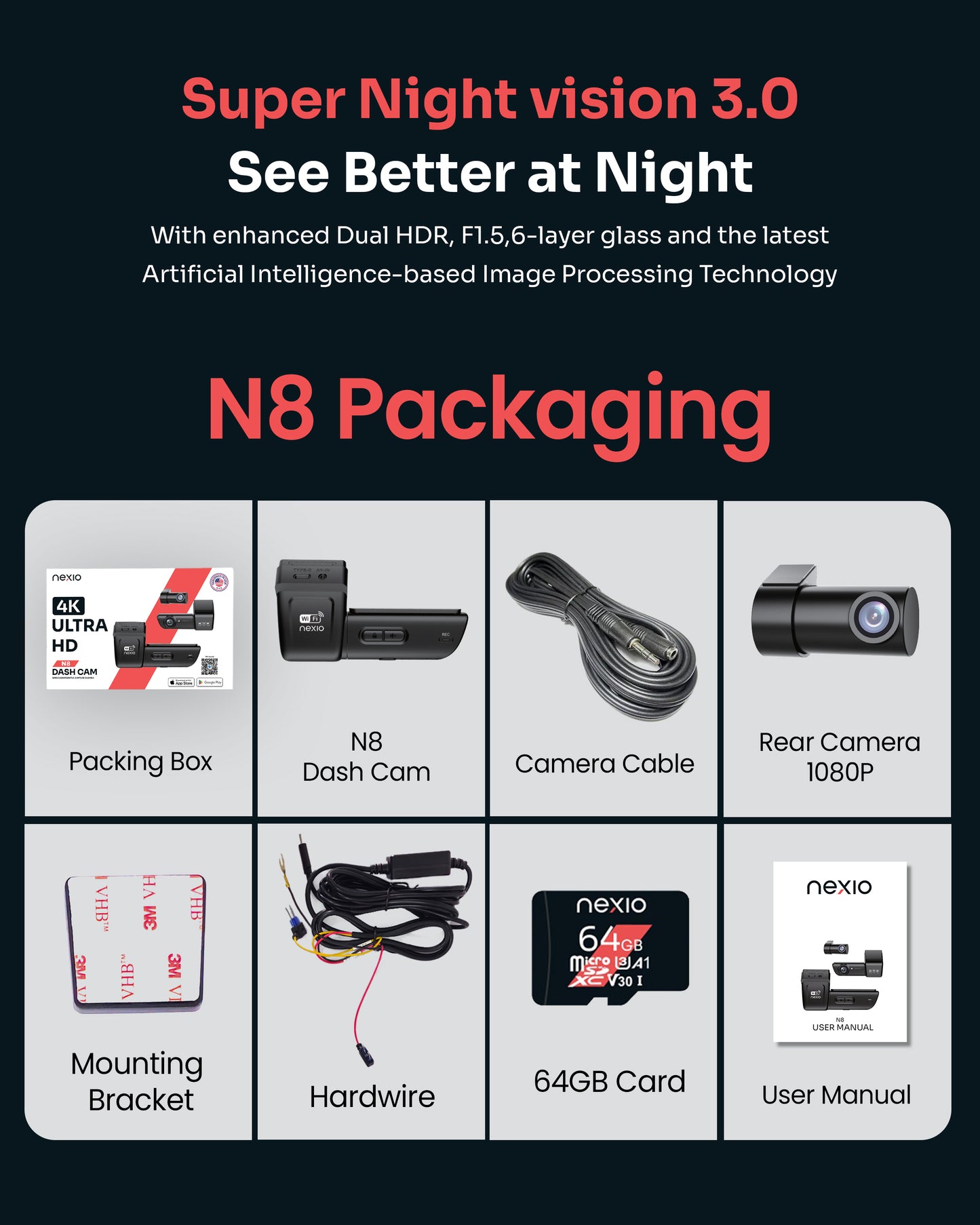 Capture every drive with the NEXIO N8 4K Dual Dash Cam featuring 4K front, 1080P rear, GPS, Wi-Fi, parking monitor, and a 64GB memory card included.