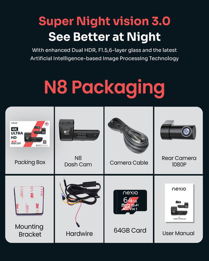 Capture every drive with the NEXIO N8 4K Dual Dash Cam featuring 4K front, 1080P rear, GPS, Wi-Fi, parking monitor, and a 64GB memory card included.